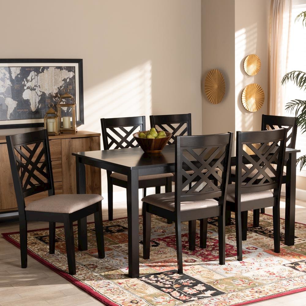 Sand Fabric Upholstered Espresso Brown Finished Wood 7-Piece Dining Set
