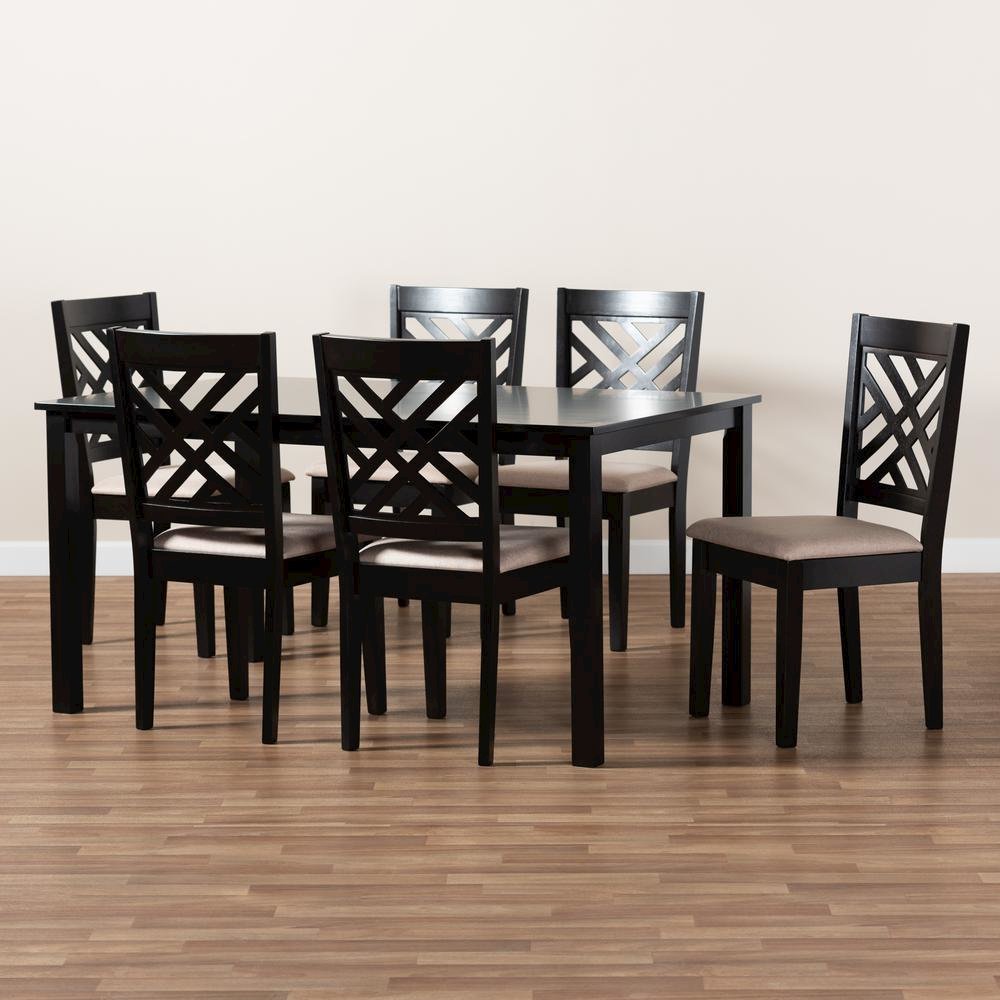 Sand Fabric Upholstered Espresso Brown Finished Wood 7-Piece Dining Set