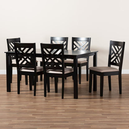 Sand Fabric Upholstered Espresso Brown Finished Wood 7-Piece Dining Set