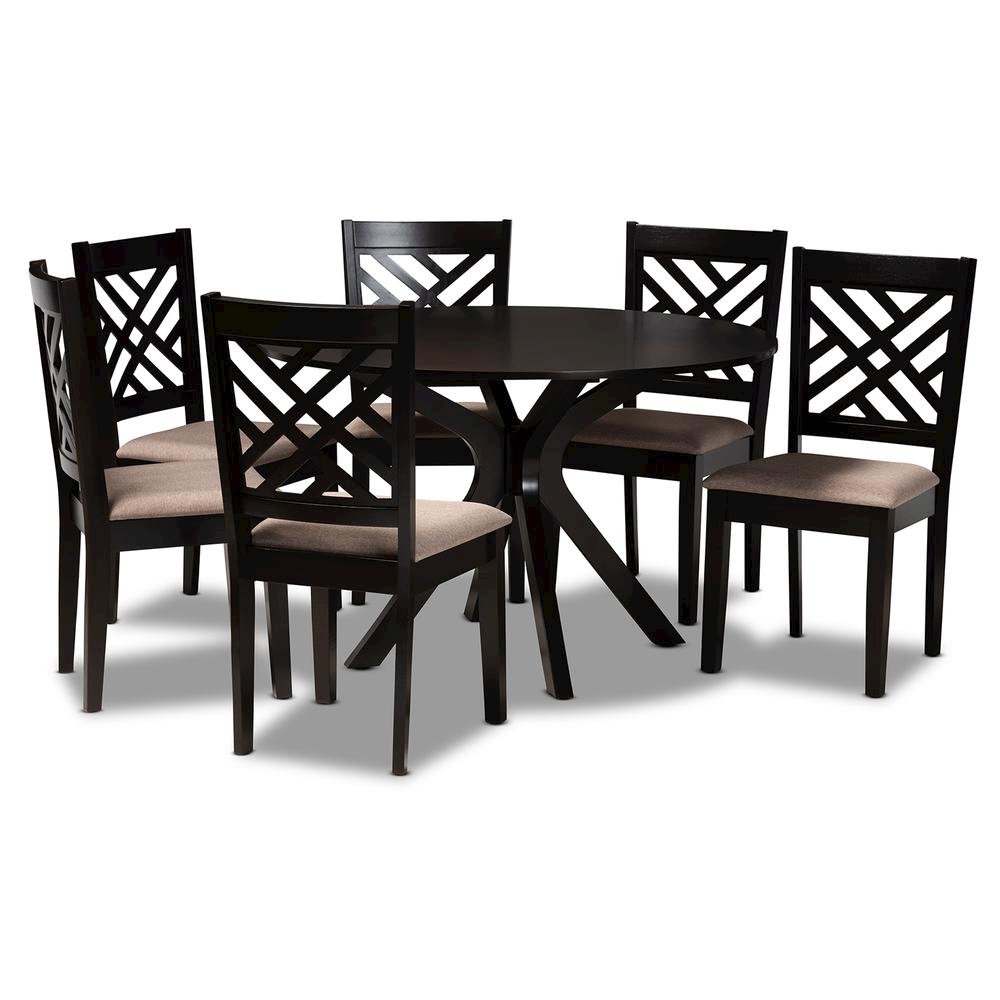 Sand Fabric Upholstered and Dark Brown Finished Wood 7-Piece Dining Set