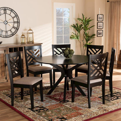 Sand Fabric Upholstered and Dark Brown Finished Wood 7-Piece Dining Set