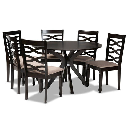 Sand Fabric Upholstered Dark Brown Finished Wood 7-Piece Dining Set