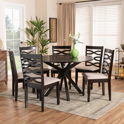 Sand Fabric Upholstered Dark Brown Finished Wood 7-Piece Dining Set