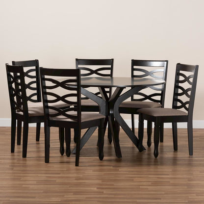 Sand Fabric Upholstered Dark Brown Finished Wood 7-Piece Dining Set