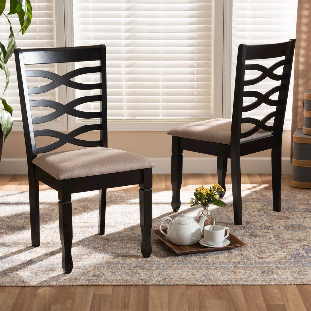 Sand Fabric Upholstered Dark Brown Finished 2-Piece Wood Dining Chair Set