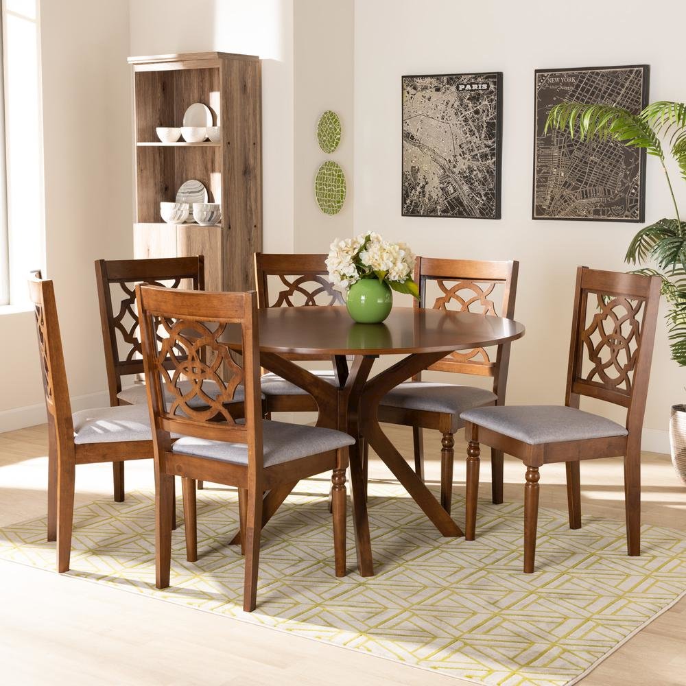Grey Fabric Upholstered and Walnut Brown Finished Wood 7-Piece Dining Set