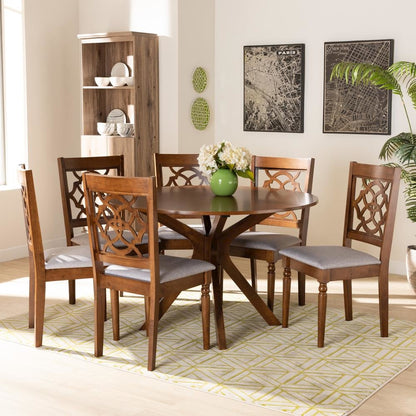 Grey Fabric Upholstered and Walnut Brown Finished Wood 7-Piece Dining Set