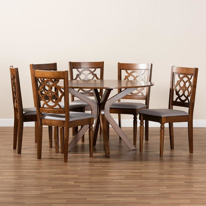 Grey Fabric Upholstered and Walnut Brown Finished Wood 7-Piece Dining Set