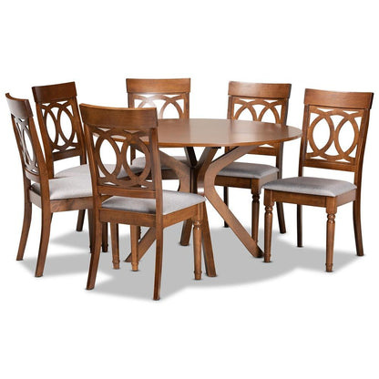 Grey Fabric Upholstered and Walnut Brown Finished Wood 7-Piece Dining Set