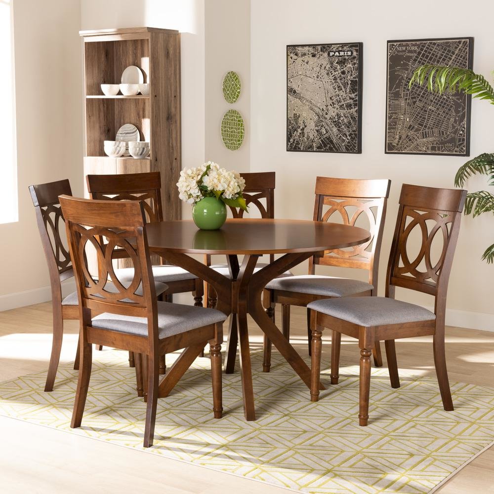 Grey Fabric Upholstered and Walnut Brown Finished Wood 7-Piece Dining Set