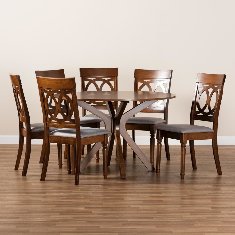 Grey Fabric Upholstered and Walnut Brown Finished Wood 7-Piece Dining Set