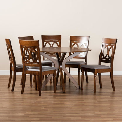 Grey Fabric Upholstered and Walnut Brown Finished Wood 7-Piece Dining Set