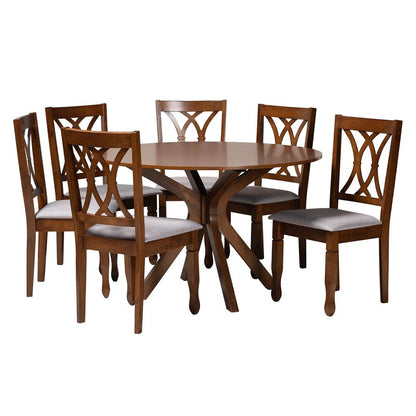 Maya Modern Grey Fabric and Walnut Brown Finished Wood 7-Piece Dining Set