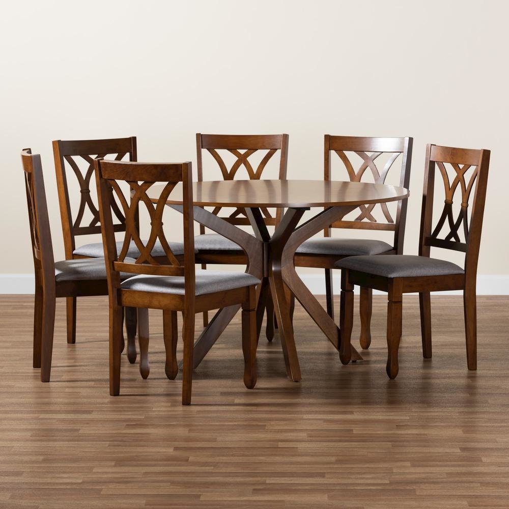 Maya Modern Grey Fabric and Walnut Brown Finished Wood 7-Piece Dining Set