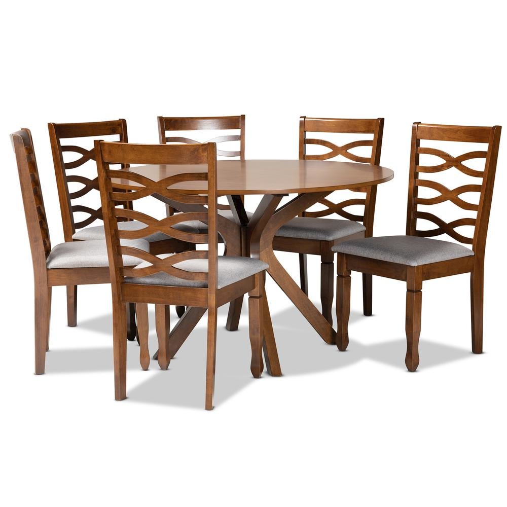 Grey Fabric Upholstered and Walnut Brown Finished Wood 7-Piece Dining Set