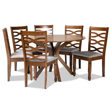 Grey Fabric Upholstered and Walnut Brown Finished Wood 7-Piece Dining Set