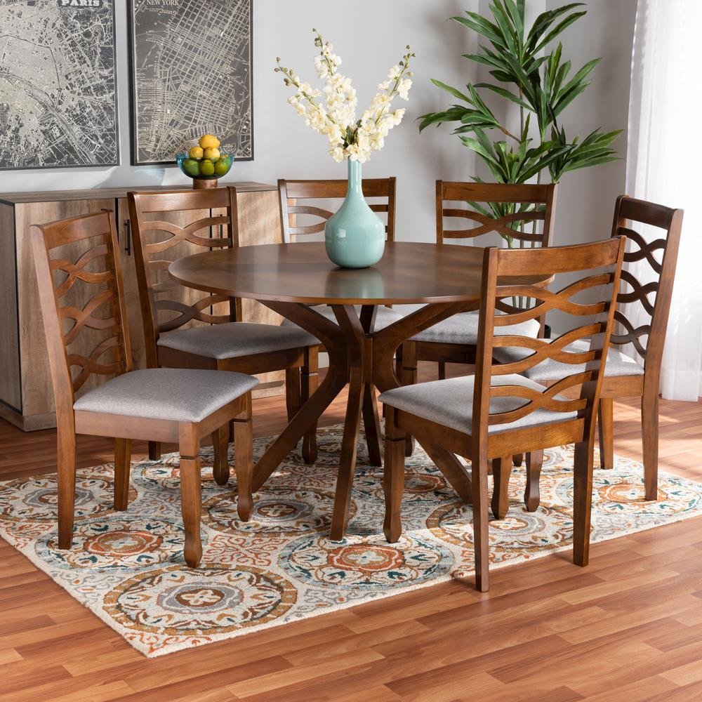 Grey Fabric Upholstered and Walnut Brown Finished Wood 7-Piece Dining Set