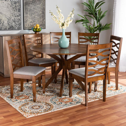 Grey Fabric Upholstered and Walnut Brown Finished Wood 7-Piece Dining Set
