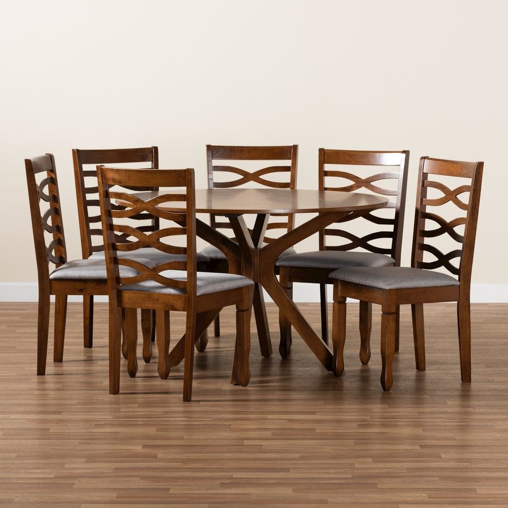 Grey Fabric Upholstered and Walnut Brown Finished Wood 7-Piece Dining Set