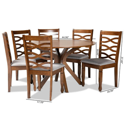 Grey Fabric Upholstered and Walnut Brown Finished Wood 7-Piece Dining Set