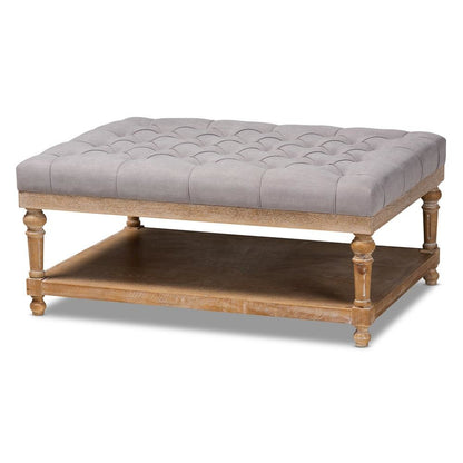 and Rustic Grey Linen Fabric Upholstered and Greywashed Wood Cocktail Ottoman