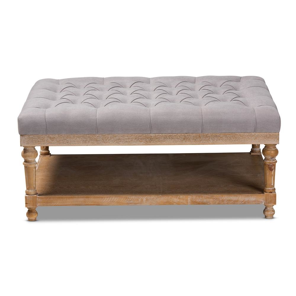 and Rustic Grey Linen Fabric Upholstered and Greywashed Wood Cocktail Ottoman