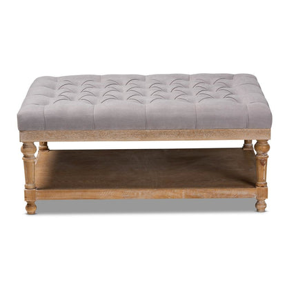 and Rustic Grey Linen Fabric Upholstered and Greywashed Wood Cocktail Ottoman