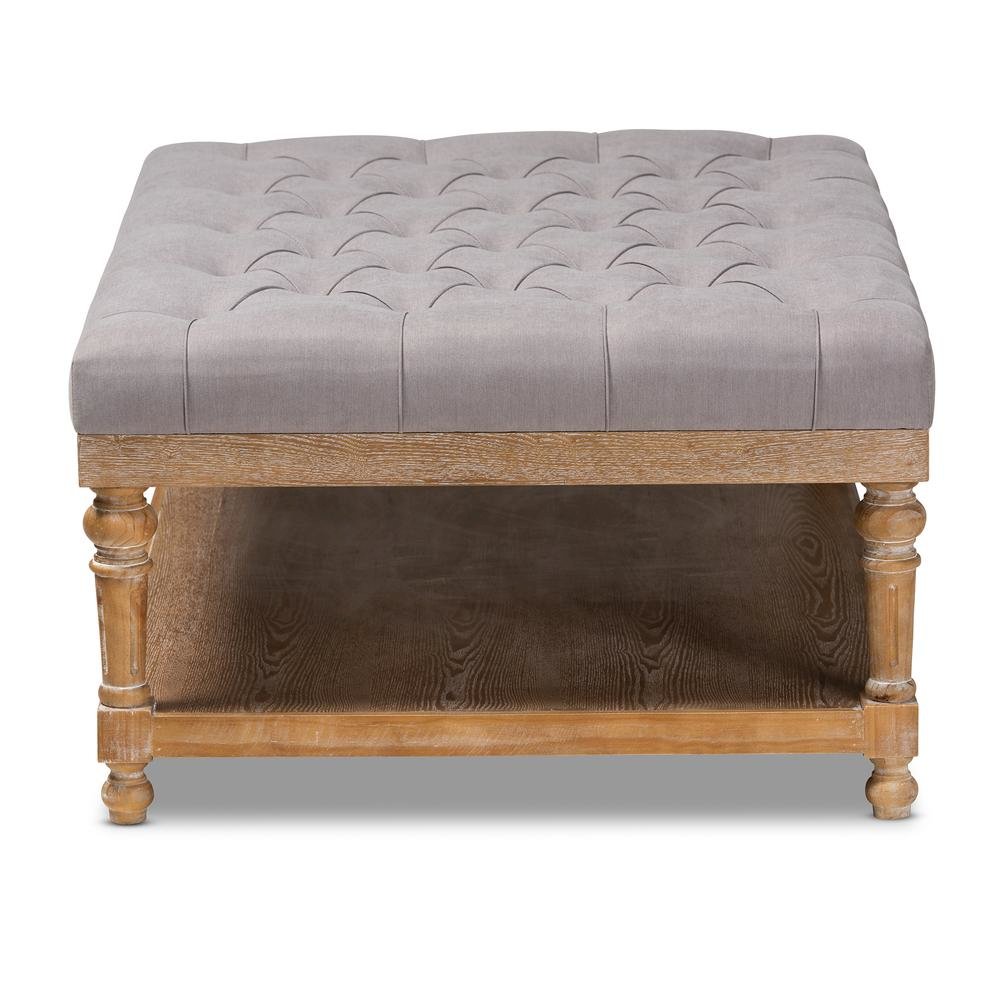 and Rustic Grey Linen Fabric Upholstered and Greywashed Wood Cocktail Ottoman