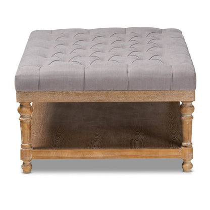 and Rustic Grey Linen Fabric Upholstered and Greywashed Wood Cocktail Ottoman