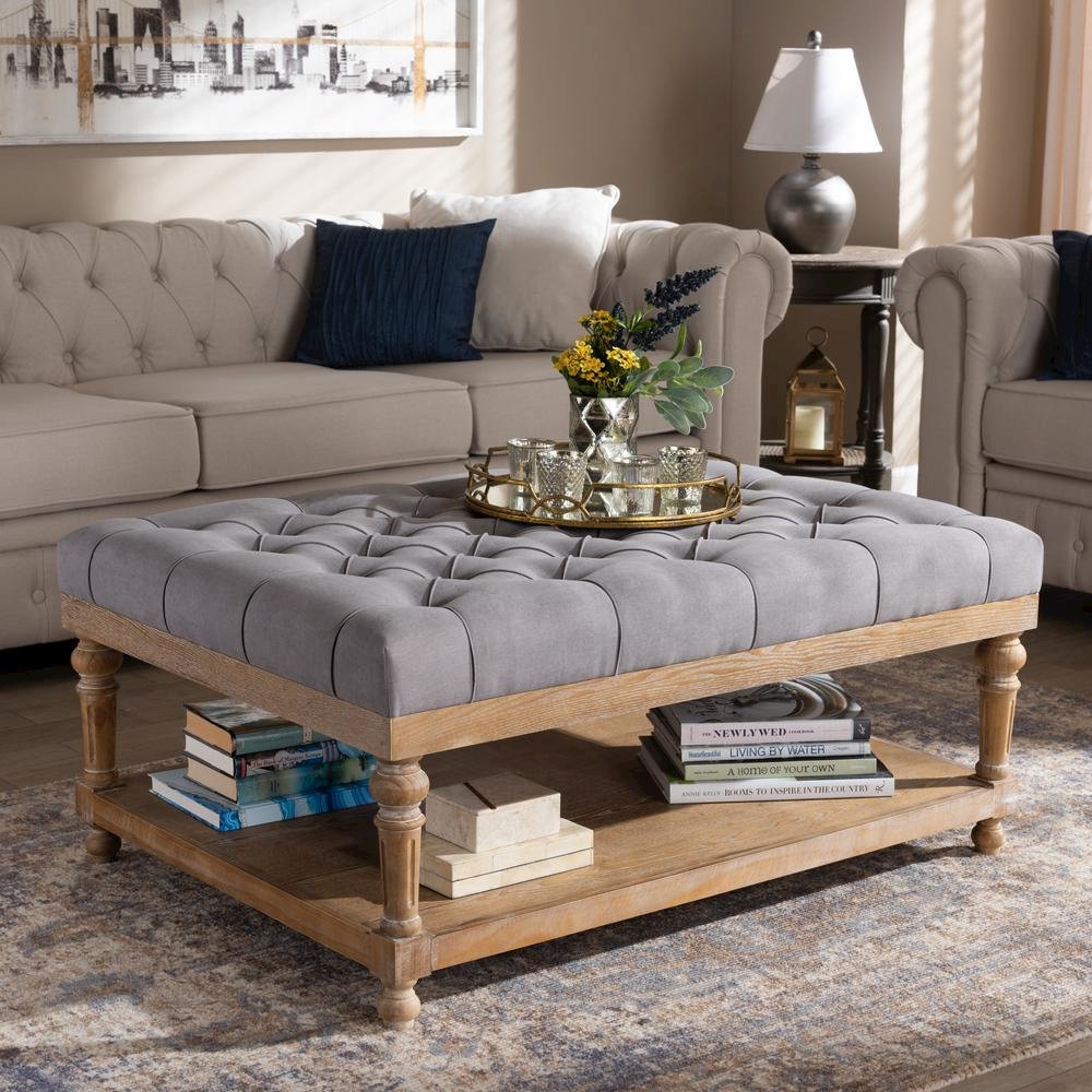 and Rustic Grey Linen Fabric Upholstered and Greywashed Wood Cocktail Ottoman