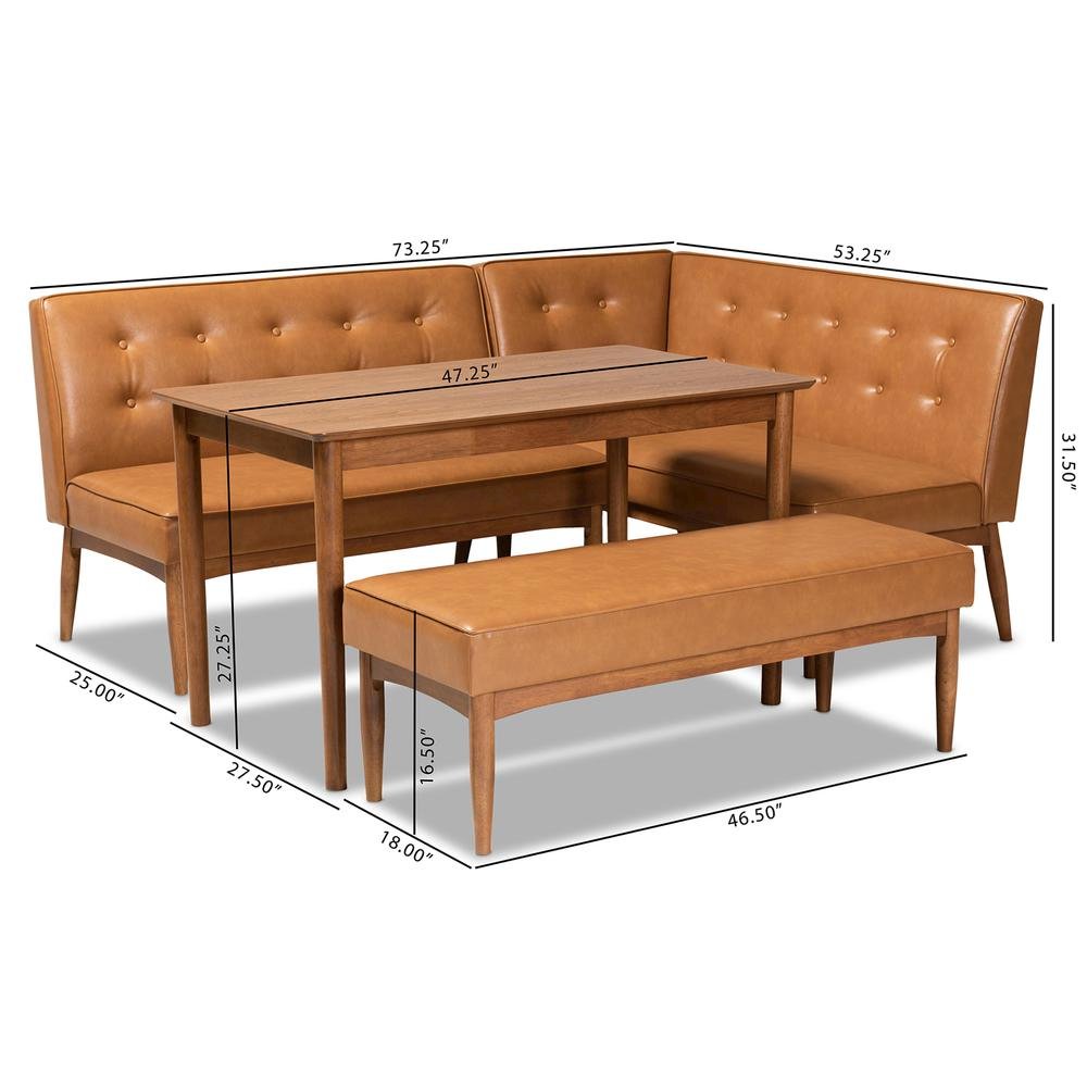 Leather Upholstered and Walnut Brown Finished Wood 4-Piece Dining Nook Set