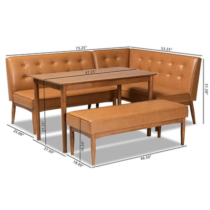 Leather Upholstered and Walnut Brown Finished Wood 4-Piece Dining Nook Set