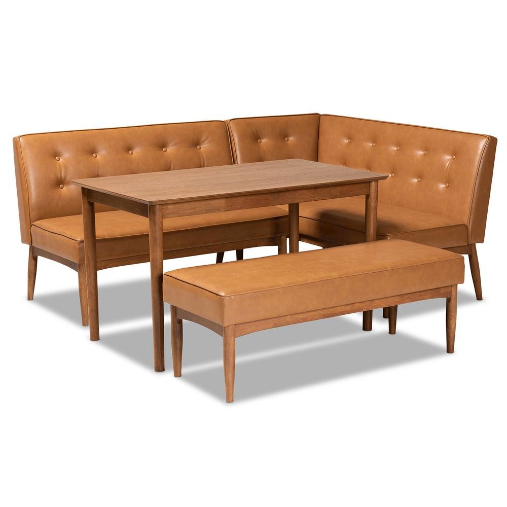 Leather Upholstered and Walnut Brown Finished Wood 4-Piece Dining Nook Set