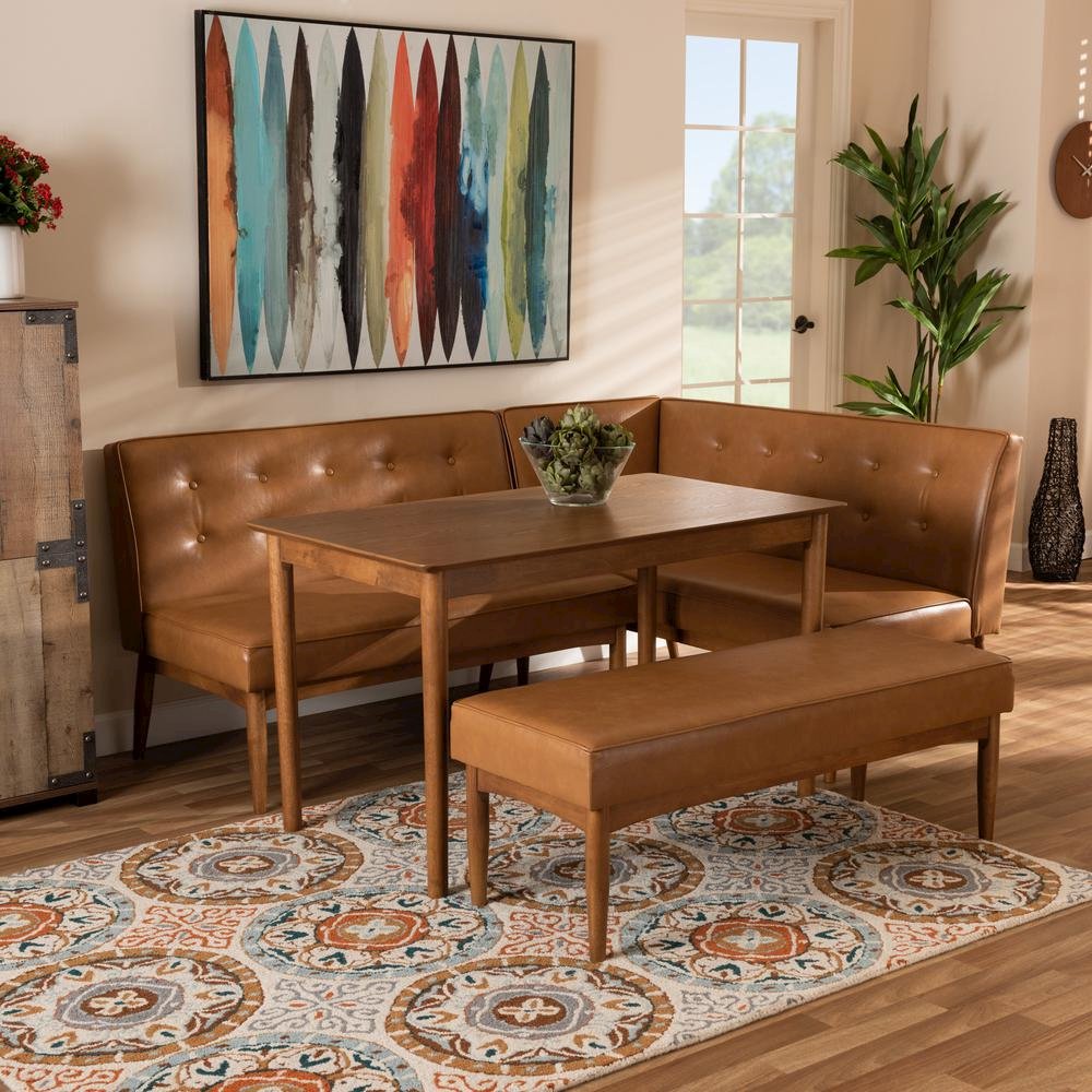 Leather Upholstered and Walnut Brown Finished Wood 4-Piece Dining Nook Set