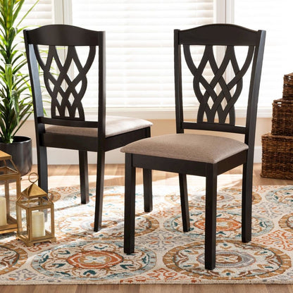 Sand Fabric Upholstered and Dark Brown Finished Wood 2-Piece Dining Chair Set