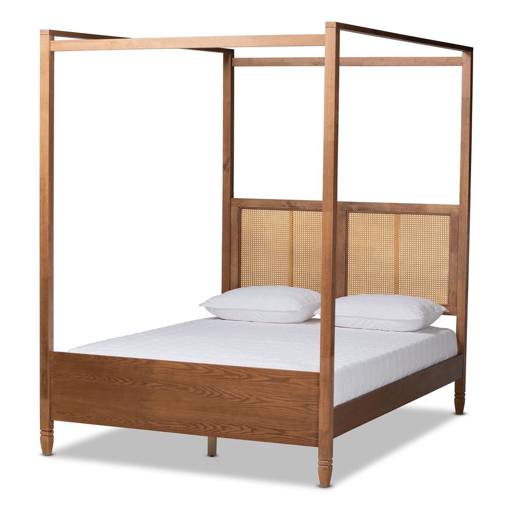 Walnut Brown Finished Wood and Synthetic Rattan Queen Size Canopy Bed