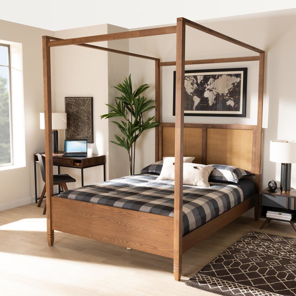 Walnut Brown Finished Wood and Synthetic Rattan Queen Size Canopy Bed