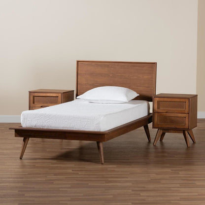 Walnut Brown Finished Wood and Rattan Twin Size 3-Piece Bedroom Set