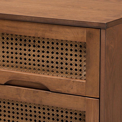 Walnut Brown Finished Wood and Rattan Twin Size 3-Piece Bedroom Set