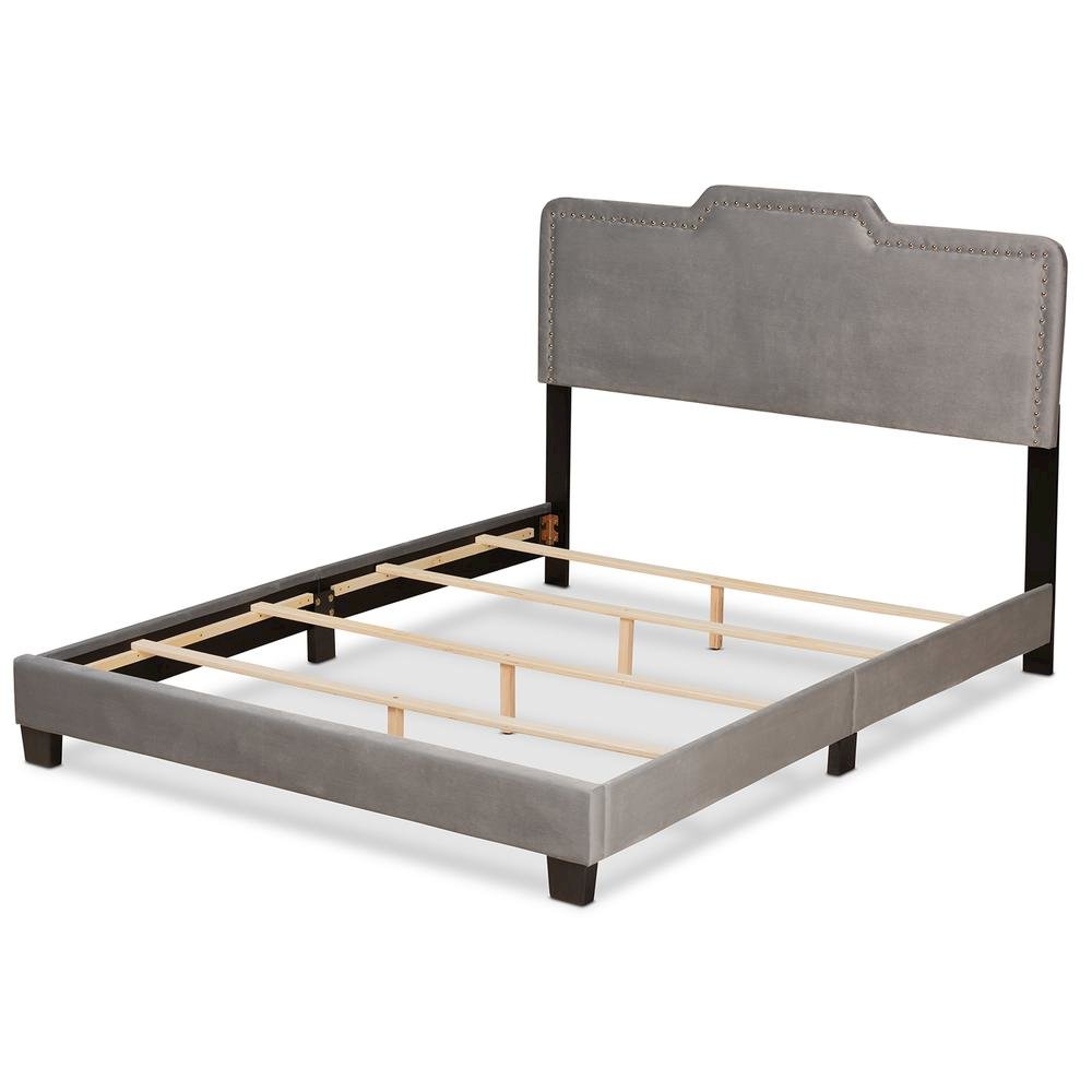 Glam Grey Velvet Fabric Upholstered Queen Size Panel Bed