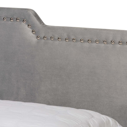 Glam Grey Velvet Fabric Upholstered Queen Size Panel Bed