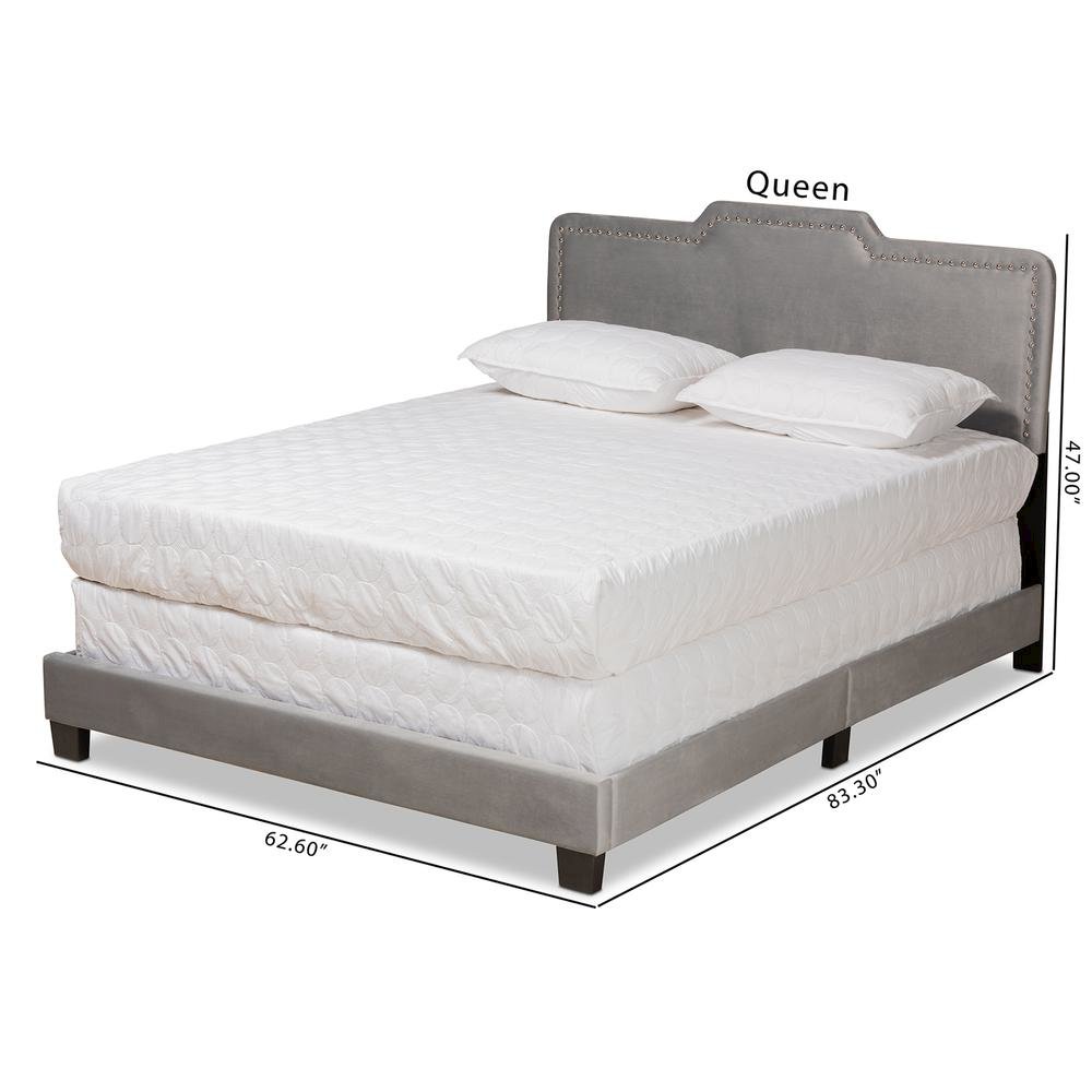 Glam Grey Velvet Fabric Upholstered Queen Size Panel Bed