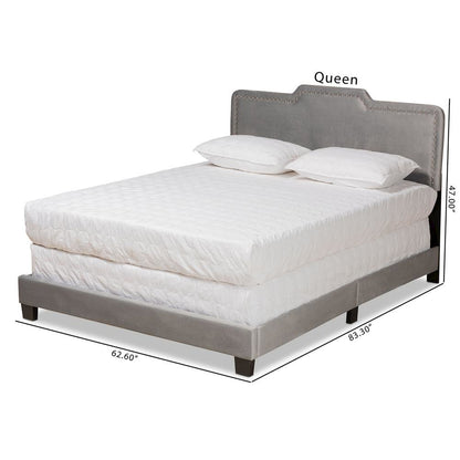 Glam Grey Velvet Fabric Upholstered Queen Size Panel Bed