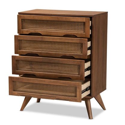Modern Walnut Brown Finished Wood and Synthetic Rattan 4-Drawer Chest