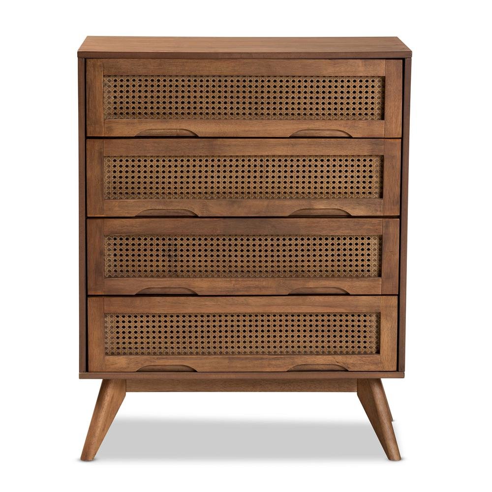 Modern Walnut Brown Finished Wood and Synthetic Rattan 4-Drawer Chest