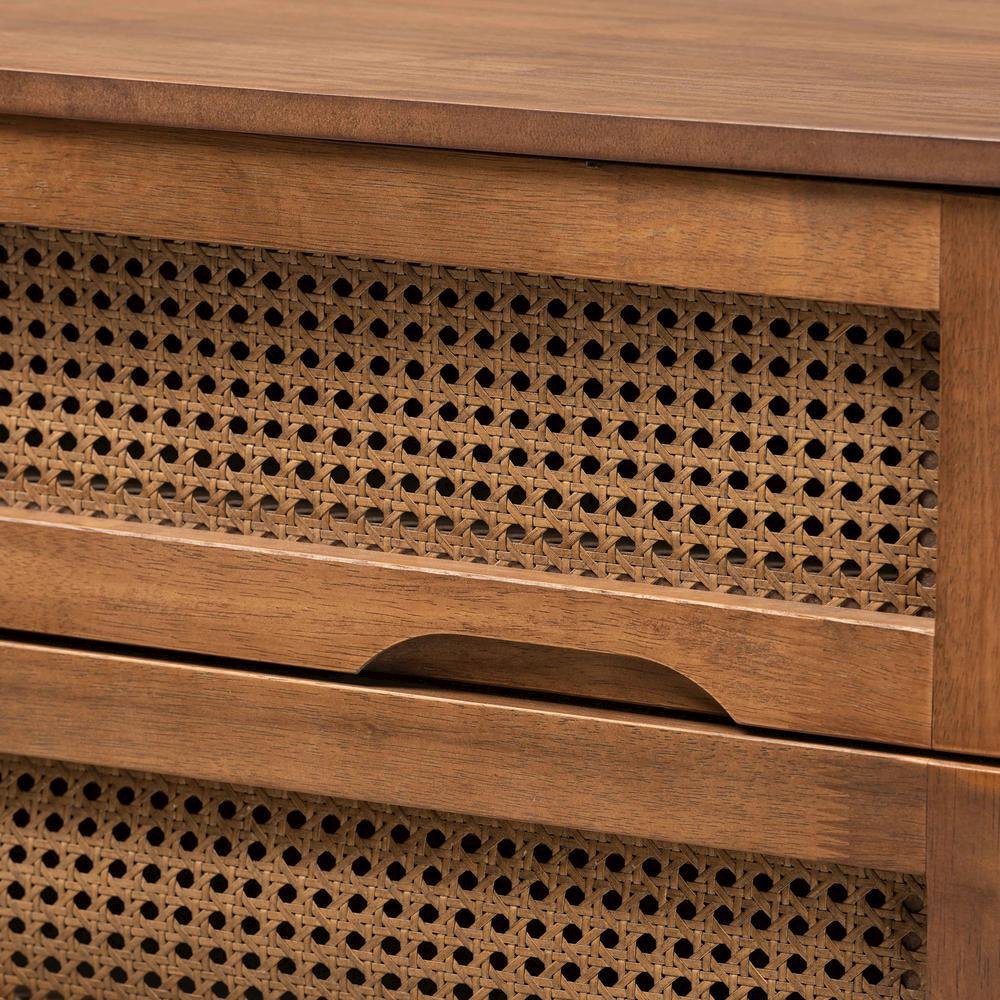 Modern Walnut Brown Finished Wood and Synthetic Rattan 4-Drawer Chest