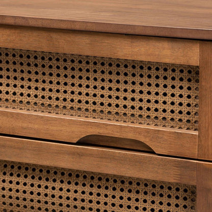 Modern Walnut Brown Finished Wood and Synthetic Rattan 4-Drawer Chest