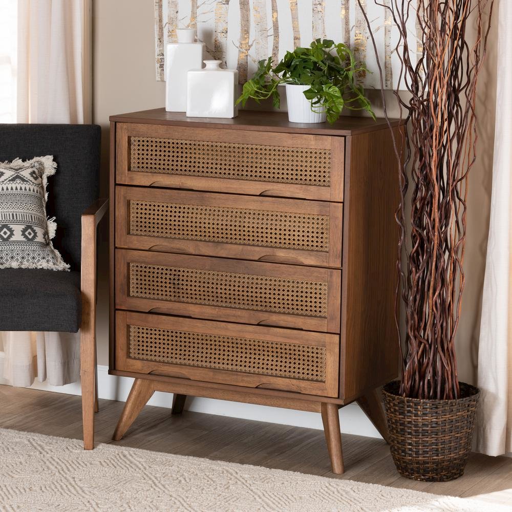 Modern Walnut Brown Finished Wood and Synthetic Rattan 4-Drawer Chest