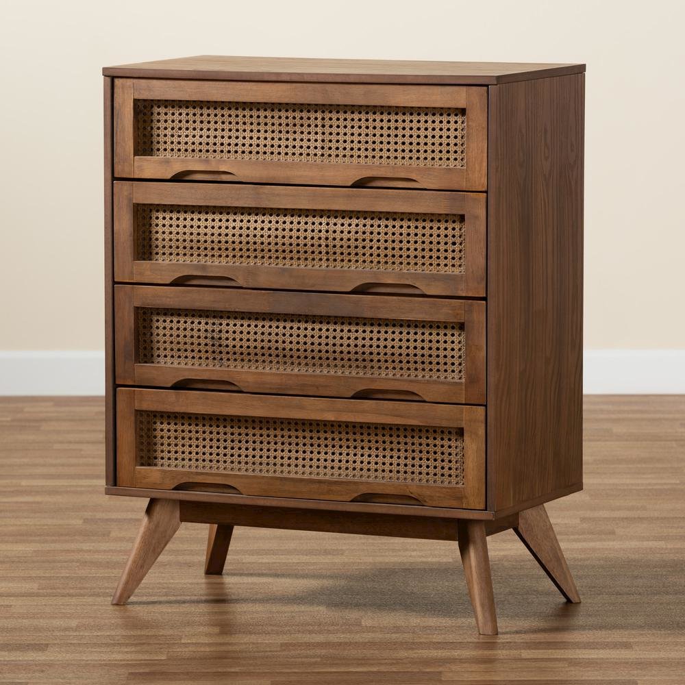 Modern Walnut Brown Finished Wood and Synthetic Rattan 4-Drawer Chest