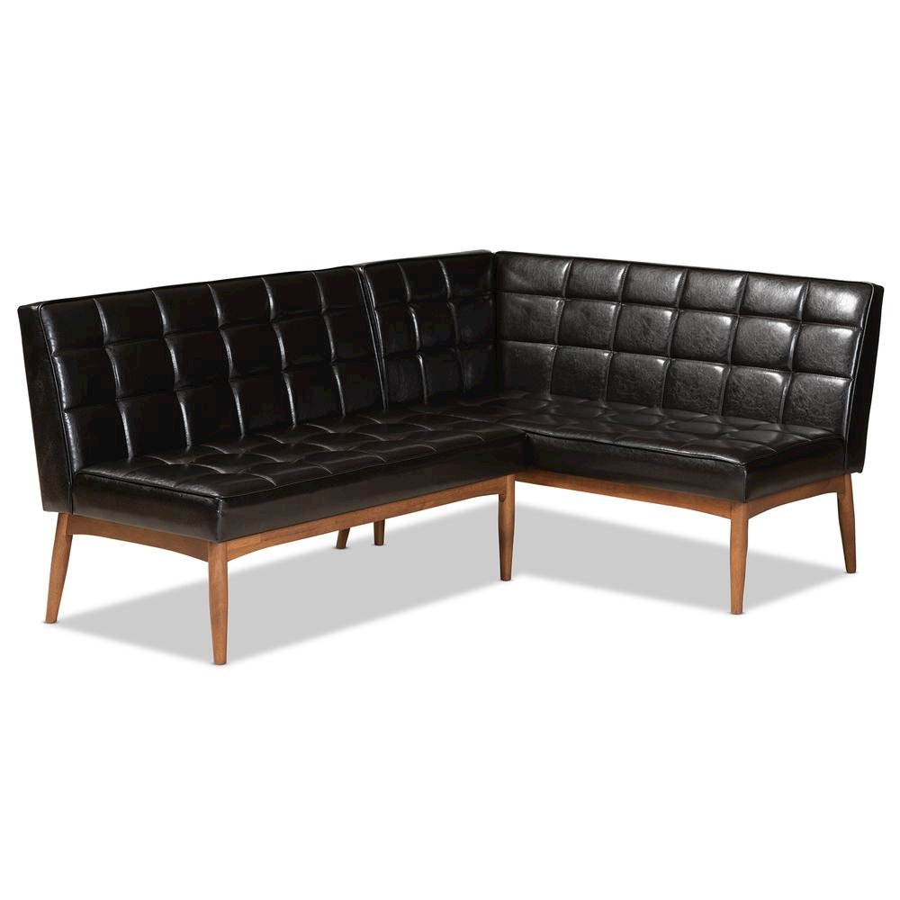 Leather Upholstered Walnut Brown Finished Wood 2-Piece Dining Nook Banquette Set
